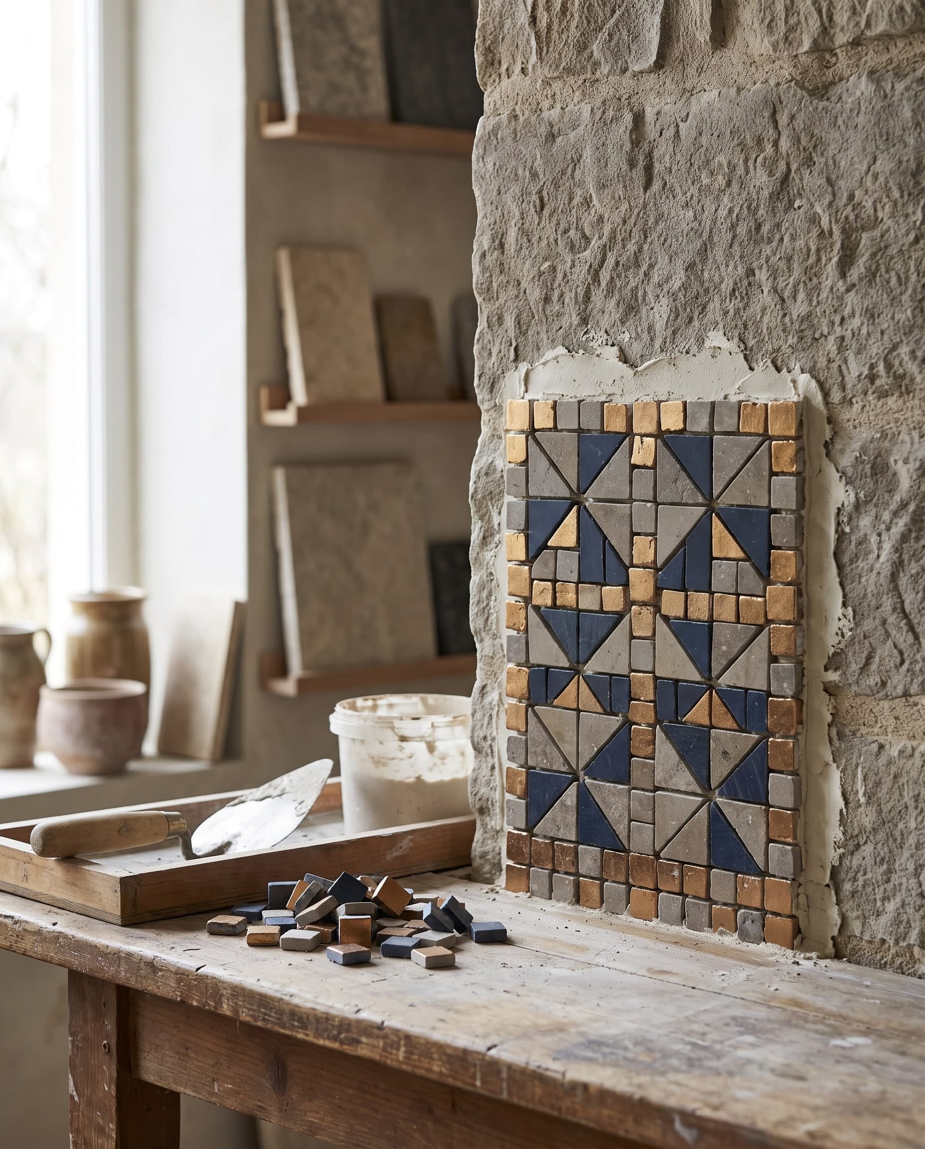 Mosaikfeld aus goldenen, marineblauen und grauen Steinen in einer Natursteinwand, davor lose Steine und eine Kelle auf einer Werkbank