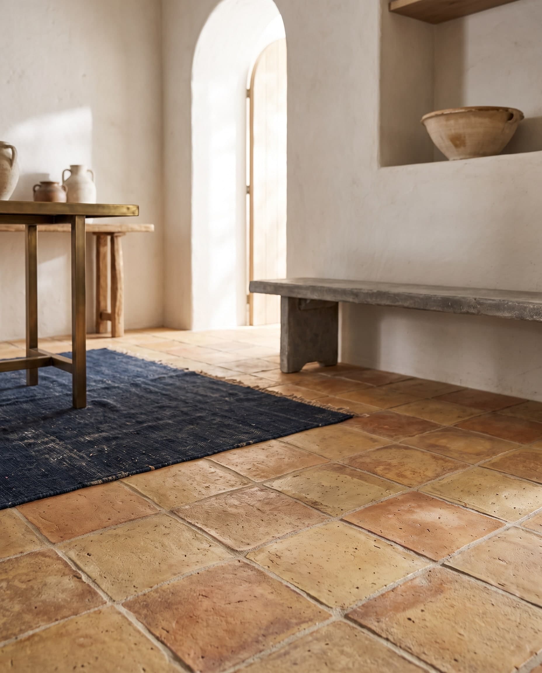Raum mit Terracotta-Boden aus großen quadratischen Platten, dunkelblauem Teppich, Tisch und Steinbank im warmen Licht